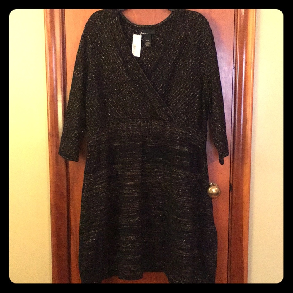 Black and Gold Faux Wrap Sweater Dress